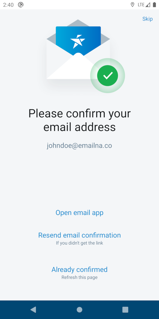 confirm email screen