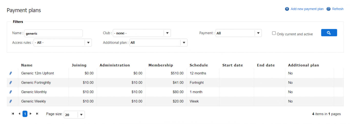 Payment plan screen