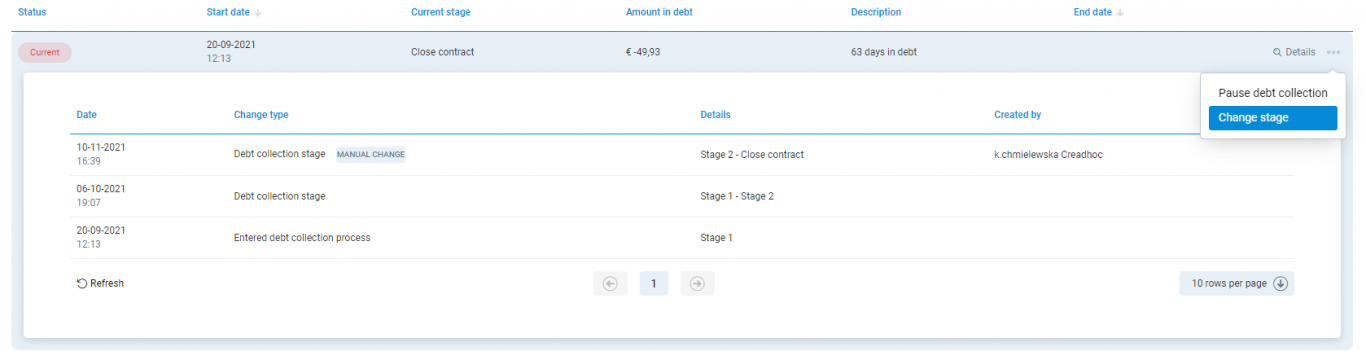 manual stage change for debt collection