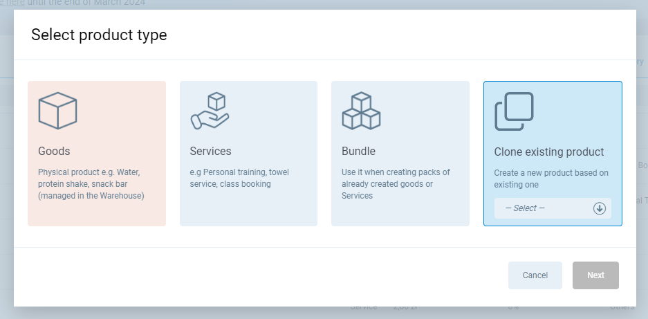 Select product type with four options: goods, services, bundle, clone existing product